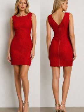 ADRIANNA PAPELL Red Lace Cocktail Dress Women's Size 12 Sheath Midi Party